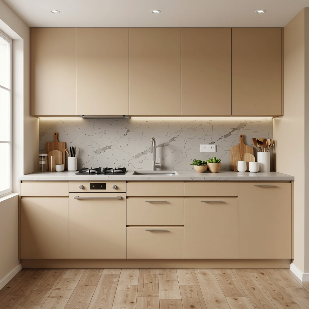 Almond Plain Colors Laminate 8*4 ft Matte 1.0 mm - HER-1278 — application view in a minimalist kitchen