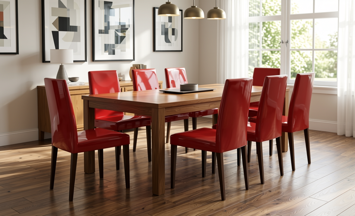 Blood Red Plain Laminate 8x4 ft Glossy 0.8 mm - 8155 LG — application view in a dining room
