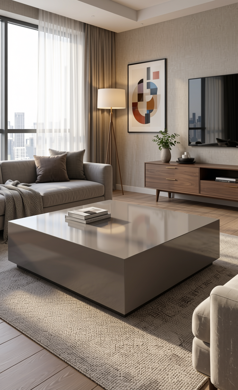 Smog Plain Laminate 8x4 ft High Gloss 0.8 mm - 8196 HGF — application view in a modern living room