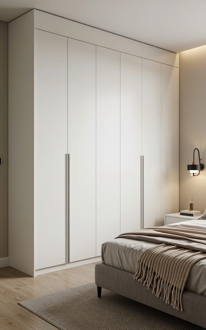ARMANI WHITE Texture Laminate 4x8 ft - STY-SOL-1765 — application view in a sleek bedroom
