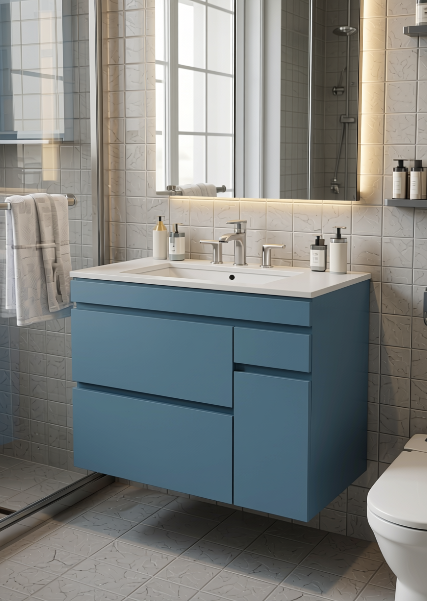 Avio BLUE Grey Texture Laminate - STY-SOL-1709 — application view in a bathroom