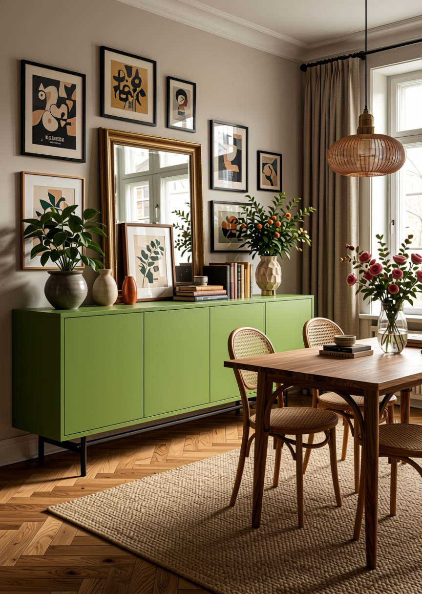 Avocado Green Texture Laminate 4.25x10 ft - STY-SOL-1802 — application view in a eclectic dining room