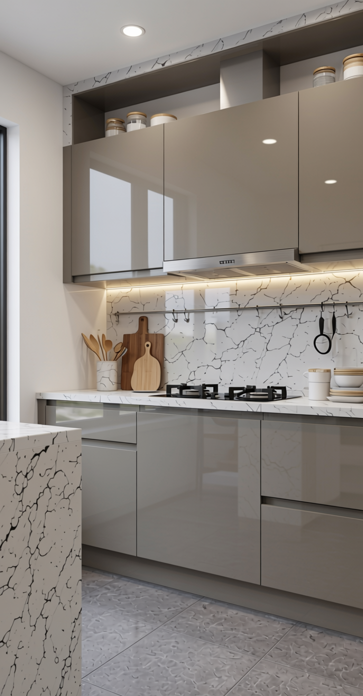 ACRY AXI+ Downy Plain Laminate 8x4 ft High Gloss 1 mm - 163 HGL — application view in a modern kitchen