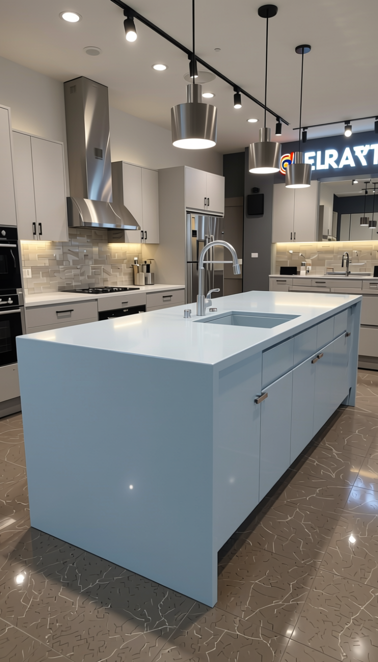 ACRY AXI+ Downy Plain Laminate 8x4 ft High Gloss 1 mm - 175 HGL — application view in a showroom