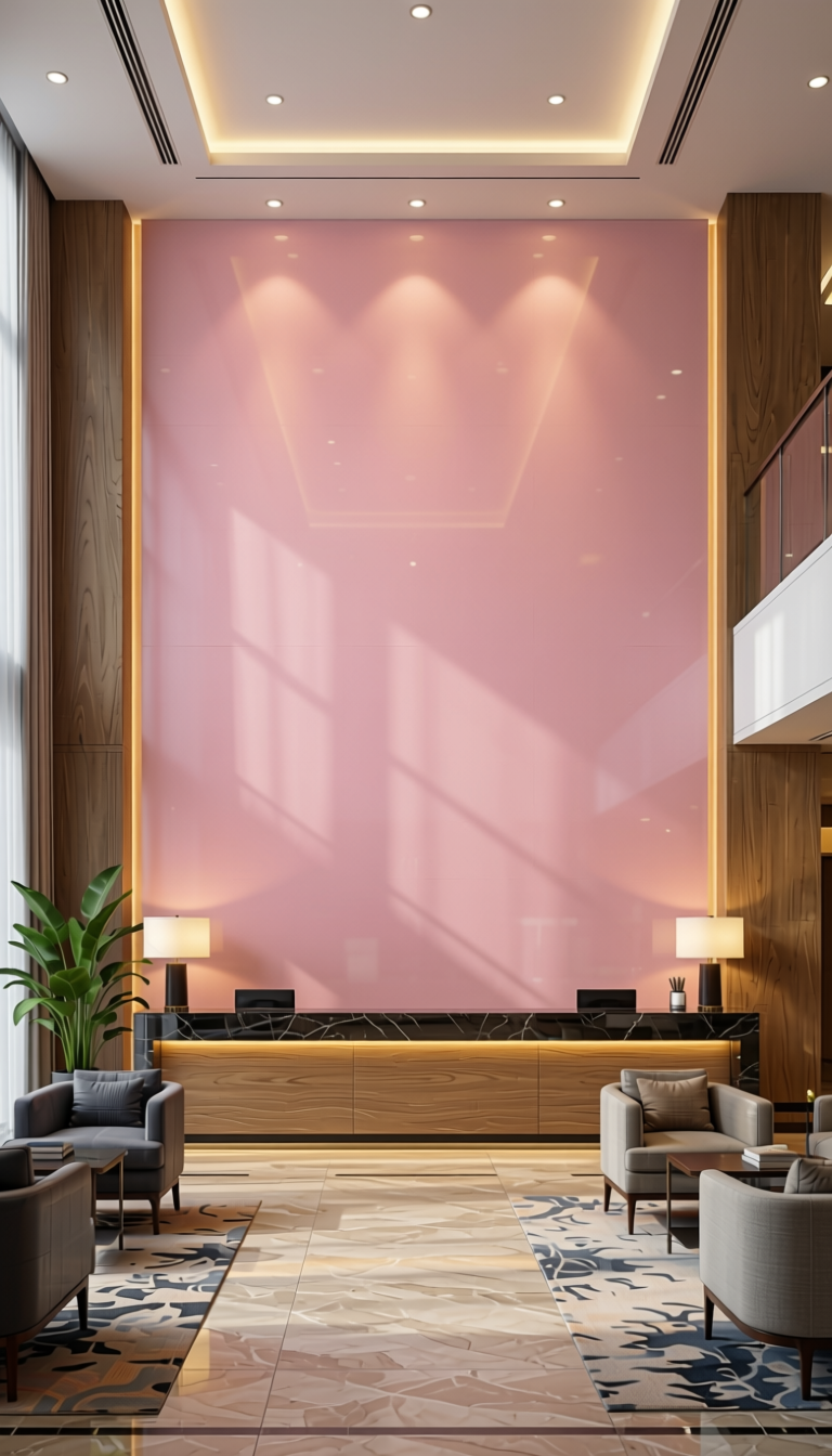 ACRY AXI+ Downy Plain Laminate 8x4 ft High Gloss 1 mm - 168 HGL — application view in a hotel lobby