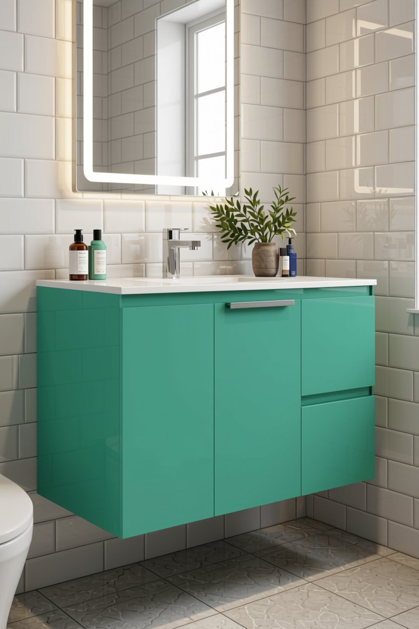 Aqua Teal Plain Laminate 8x4 ft High Gloss 1 mm - 6205 HGL — application view in a bathroom