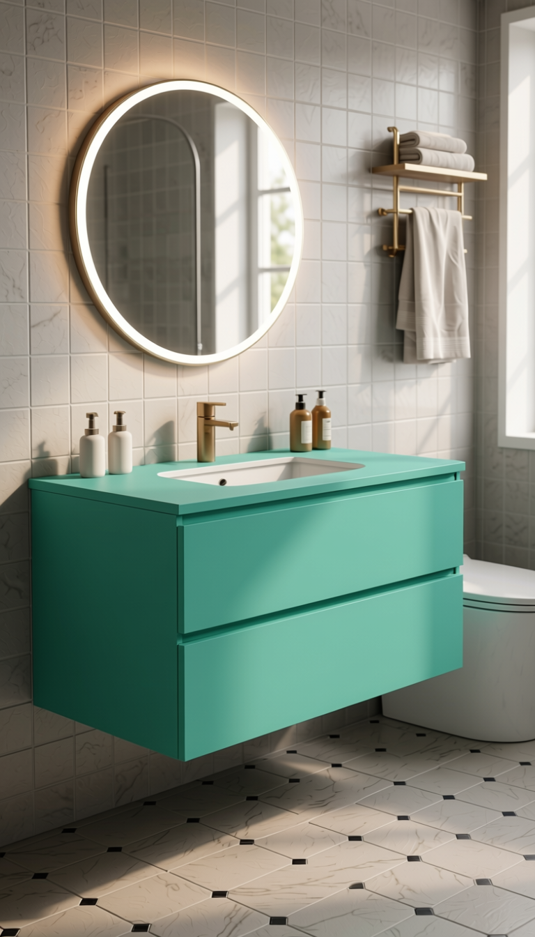 Aqua Teal Plain Laminate 8x4 ft Matte 1 mm - 6205 MTS — application view in a serene bathroom