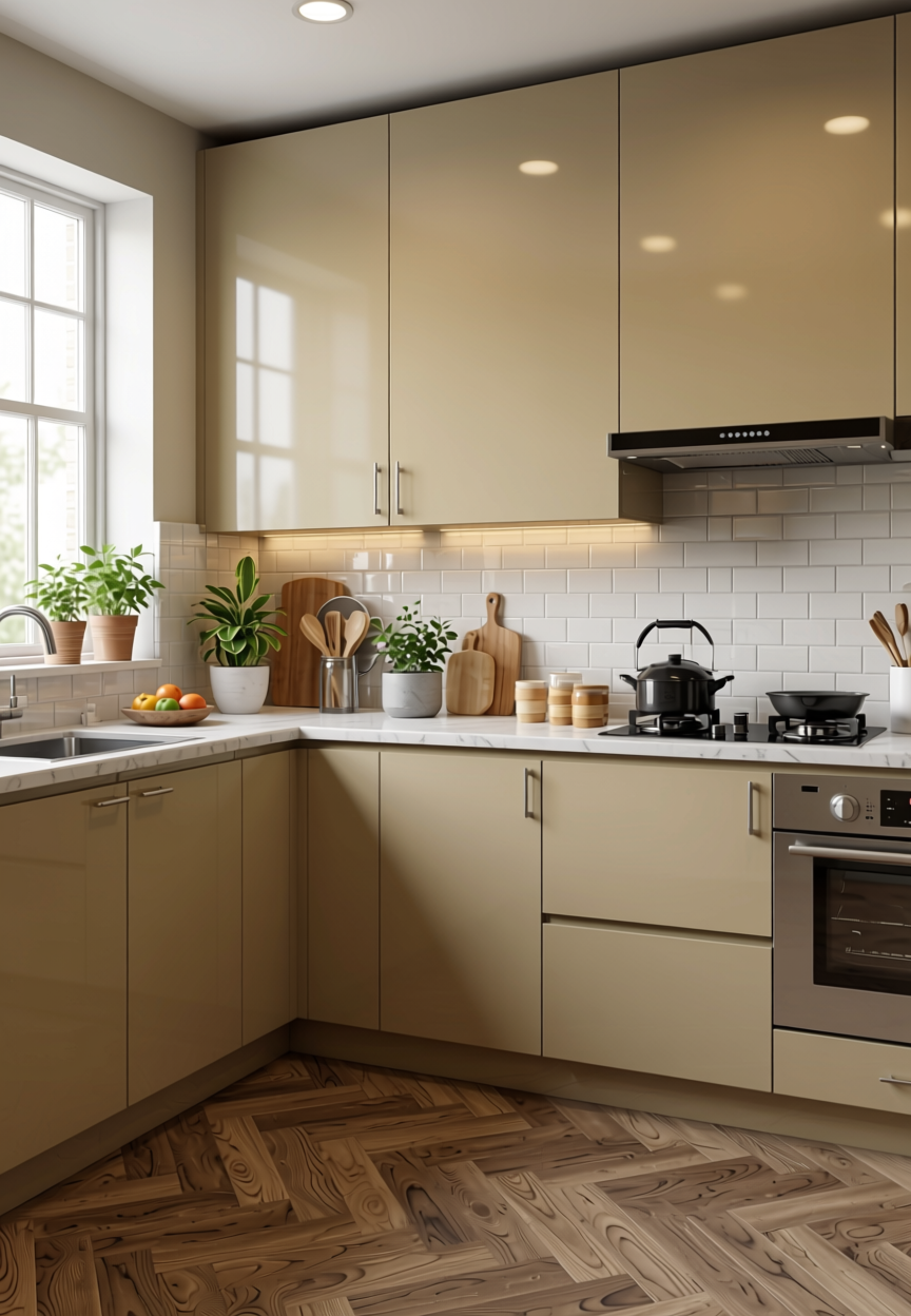 Harbor Beige Plain Laminate 8x4 ft High Gloss 1 mm - 6216 HGL — application view in a kitchen