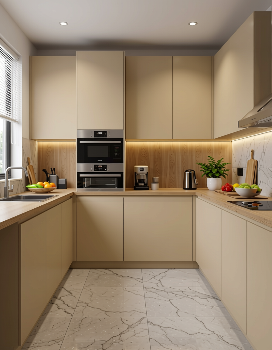 Harbor Beige Plain Laminate 8x4 ft Texture 1 mm - 6216 M-FLT — application view in a contemporary kitchen