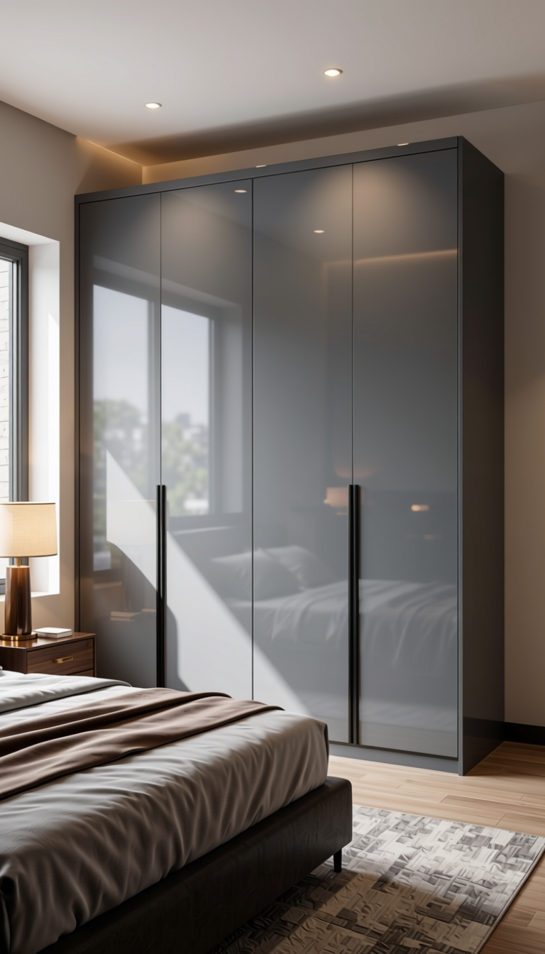 MTLC AXI+ Grey Plain Laminate 8x4 ft High Gloss 1 mm - 151 HGL — application view in a sleek bedroom