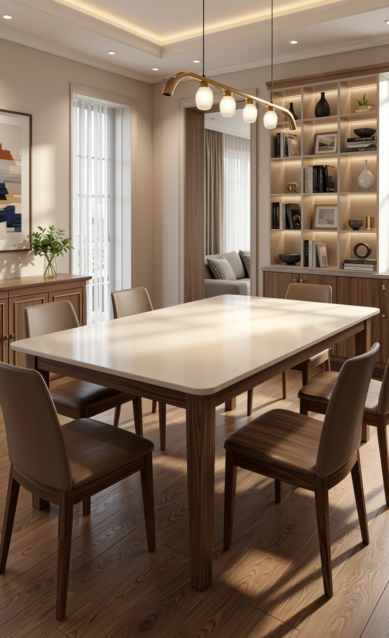 MTLC AXI+ Oyster Plain Laminate 8x4 ft High Gloss 1 mm - 157 HGL — application view in a dining room