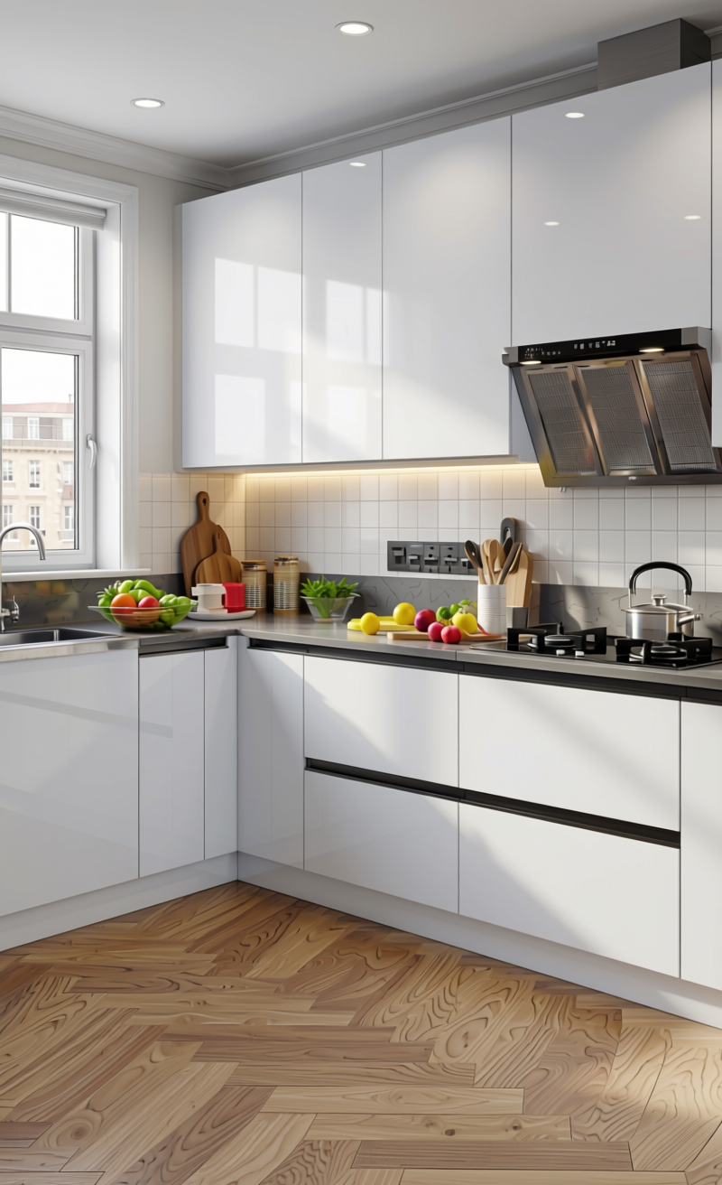 MTLC AXI+ White Plain Laminate 8x4 ft High Gloss 1 mm - 150 HGL — application view in a kitchen