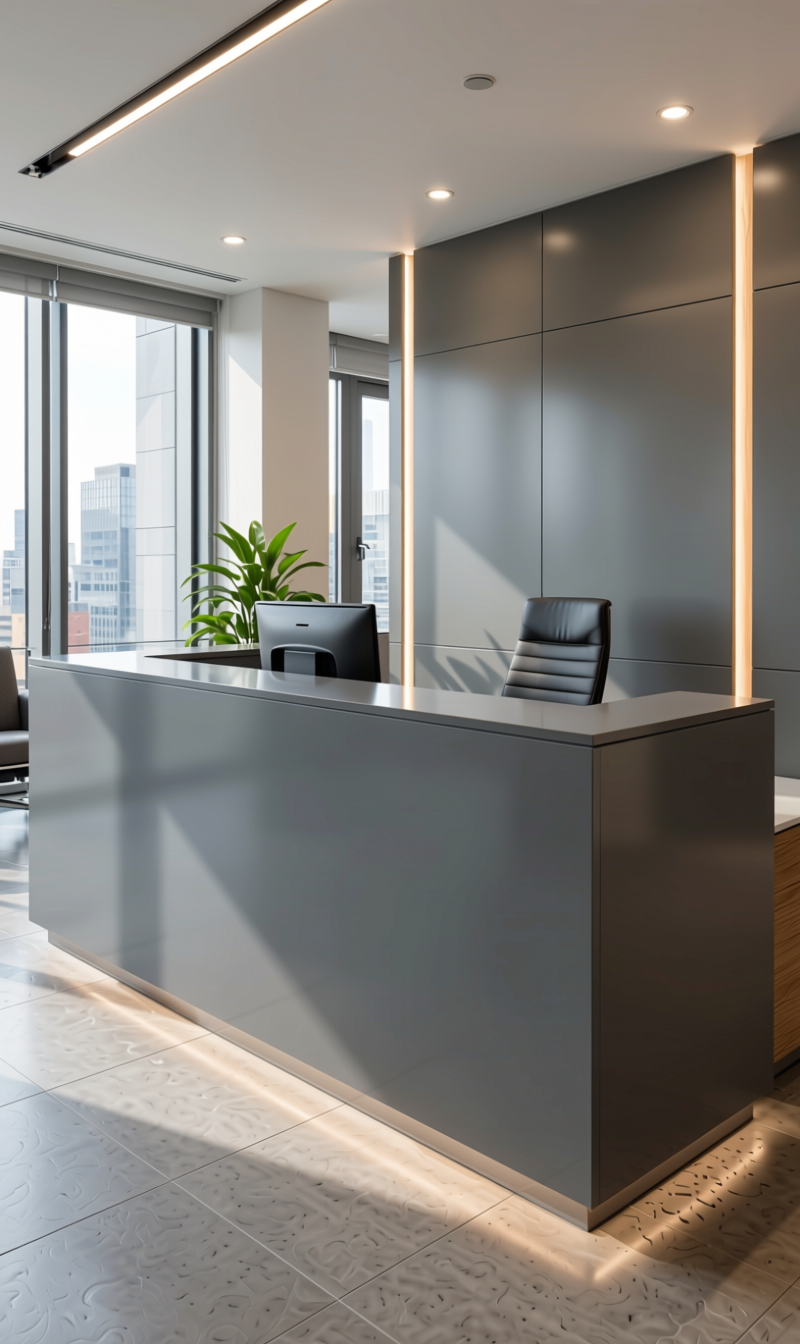 Repose Grey Plain Laminate 8x4 ft High Gloss 1 mm - 8198 HGL — application view in a corporate office