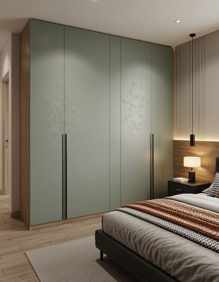 Scotch Mist Fluted Laminate 8x4 ft Texture 1 mm - 8210 FLT — application view in a sleek bedroom