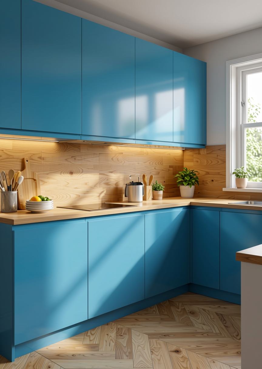 Shore Plain Laminate 8x4 ft High Gloss 1 mm - 6203 HGL — application view in a kitchen