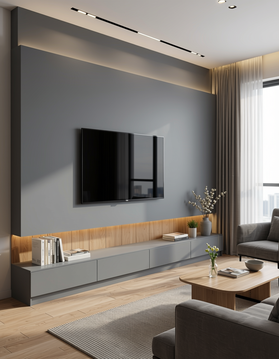 Smooth Grey Fluted Laminate 8x4 ft Texture 1 mm - 8209 FLT — application view in a modern living room