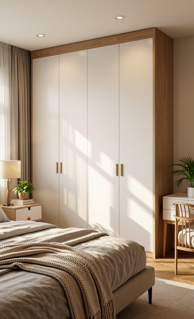 Warm White Plain Laminate 8x4 ft Matte 1 mm - 6211 MTS — application view in a bedroom