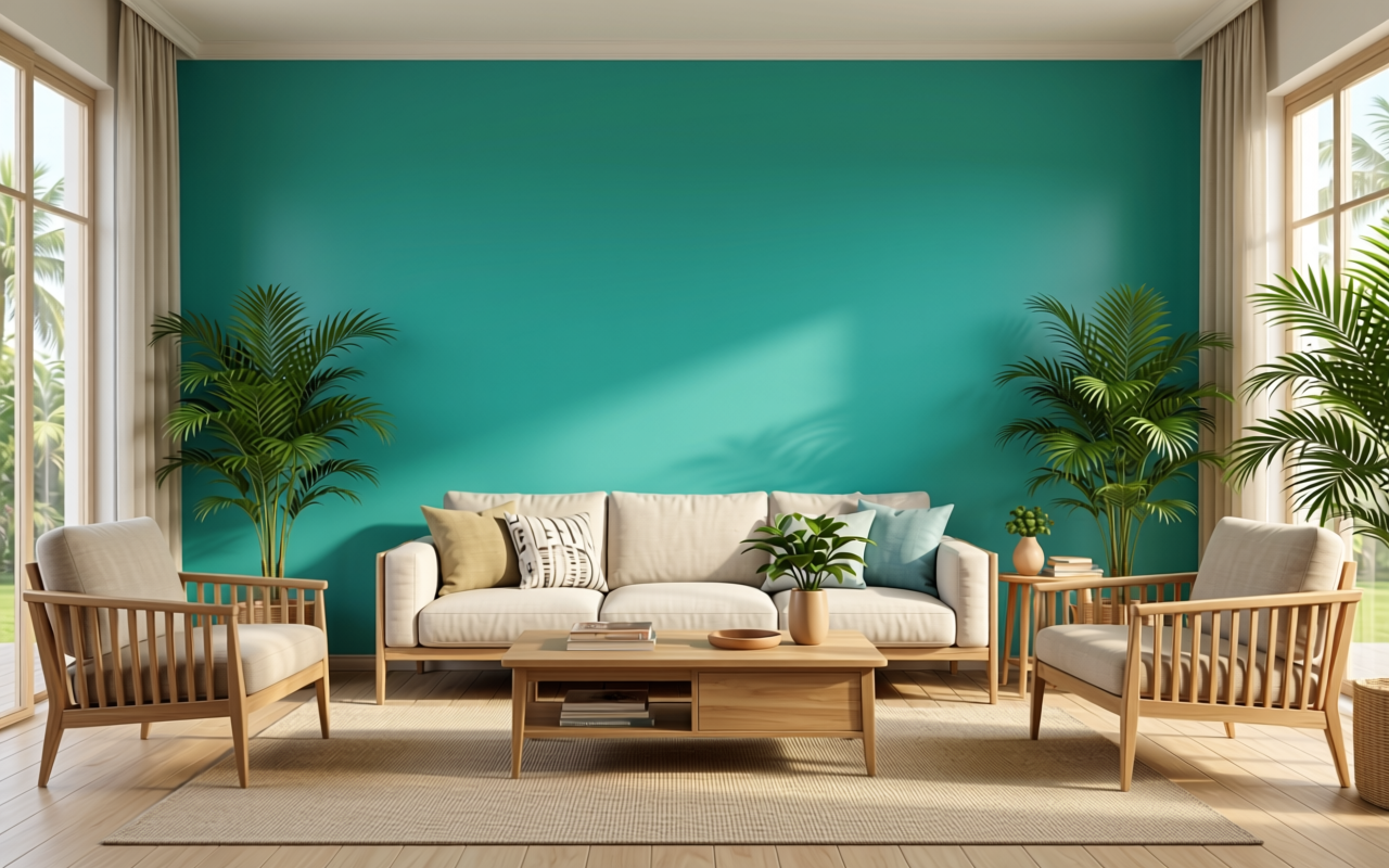 Azul Turquesa Green Texture Laminate 4x8 ft - STY-SOL-1162 — application view in a tropical living room