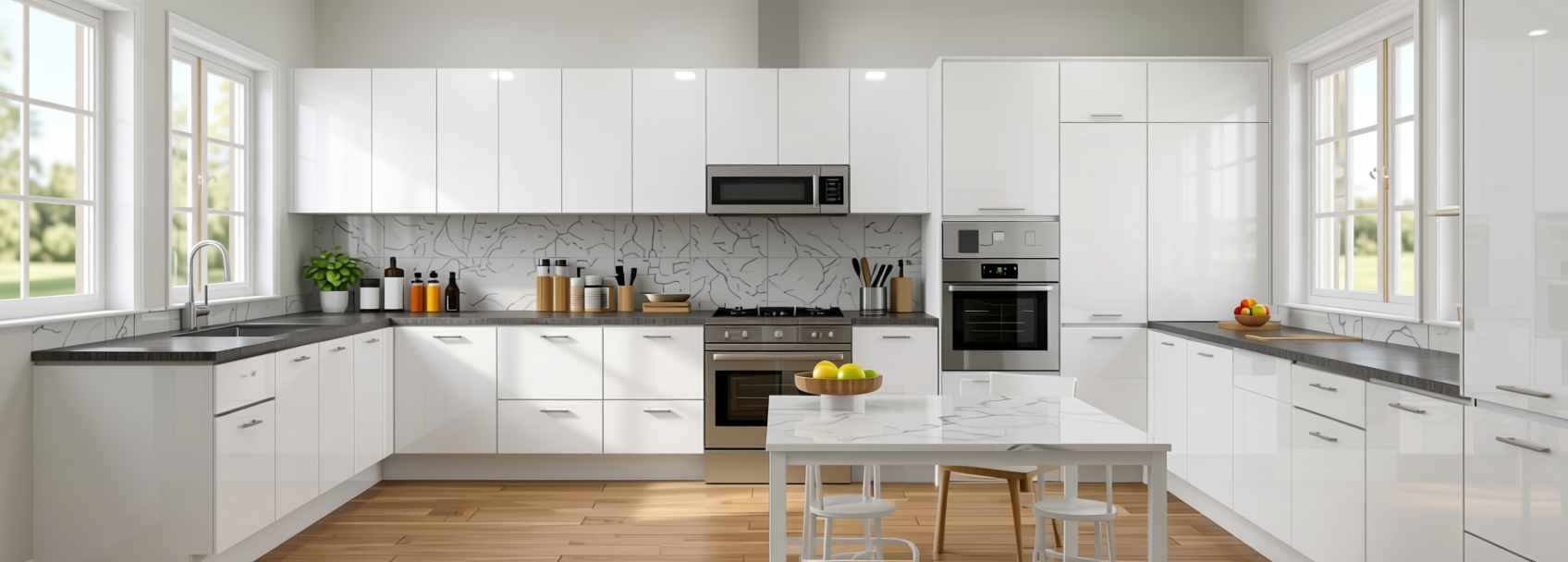 HG Weiss Plain Laminate 8x4 ft High Gloss 1 mm - 101 CORE — application view in a bright kitchen