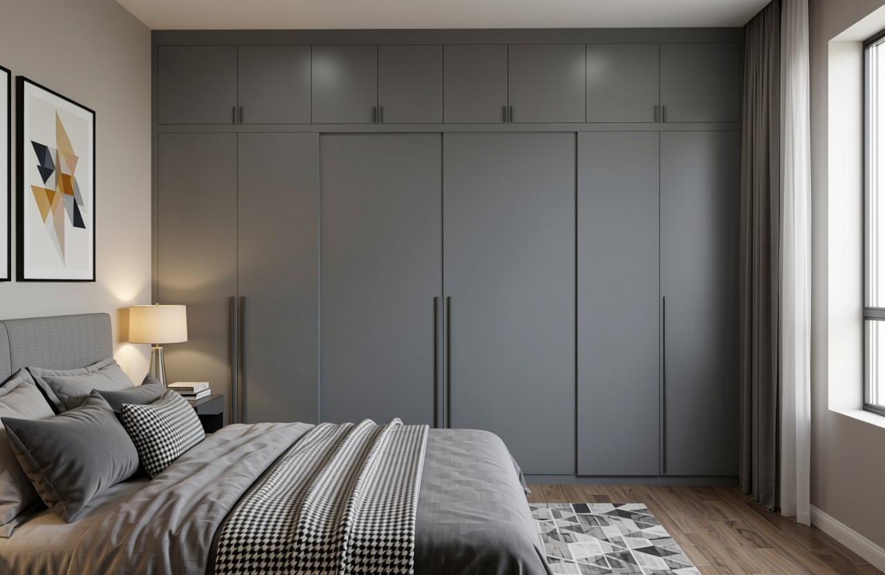 Anchor Grey Plain Laminate 8x4 ft Texture 1 mm - 7013 MR — application view in a sleek bedroom