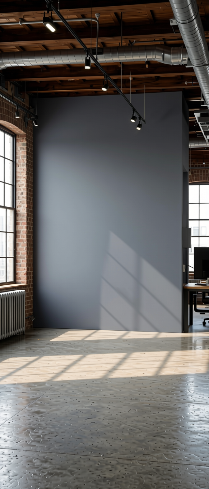 Anchor Grey Plain Laminate 8x4 ft Texture 1 mm - 7013 SS — application view in a industrial loft