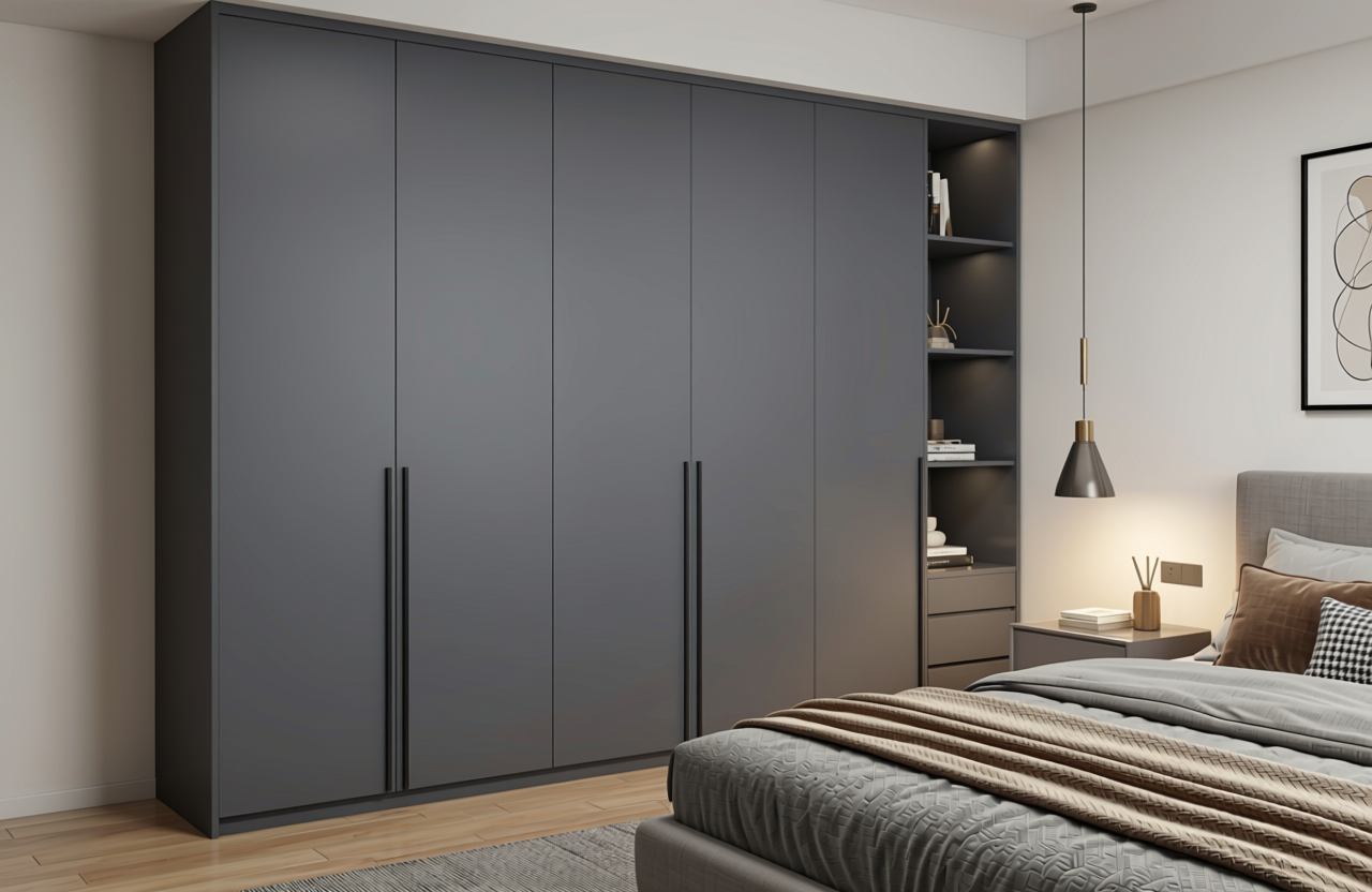 Anchor Grey Plain Laminate 8x4 ft Texture 1 mm - 7013 U — application view in a contemporary bedroom