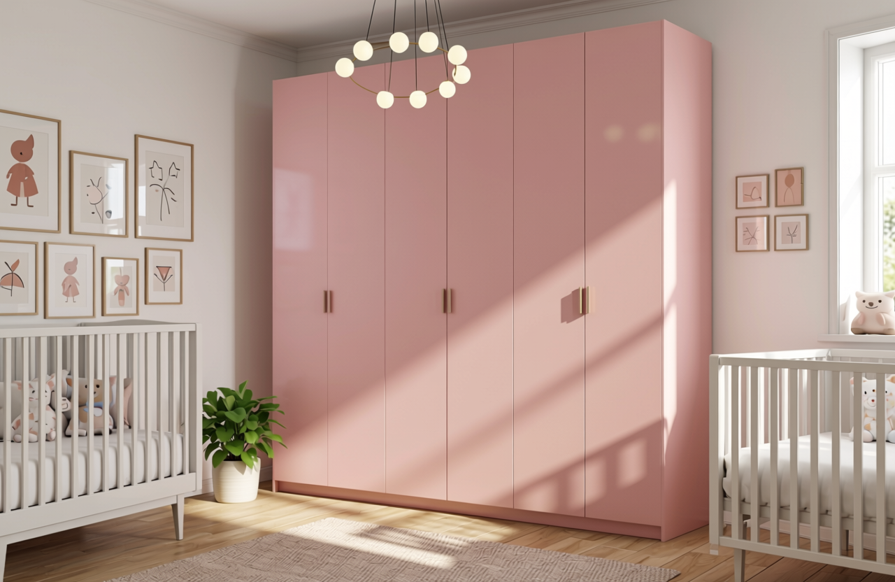 Blush Pink Plain Laminate 8x4 ft Texture 1 mm - 7028 MR — application view in a nursery