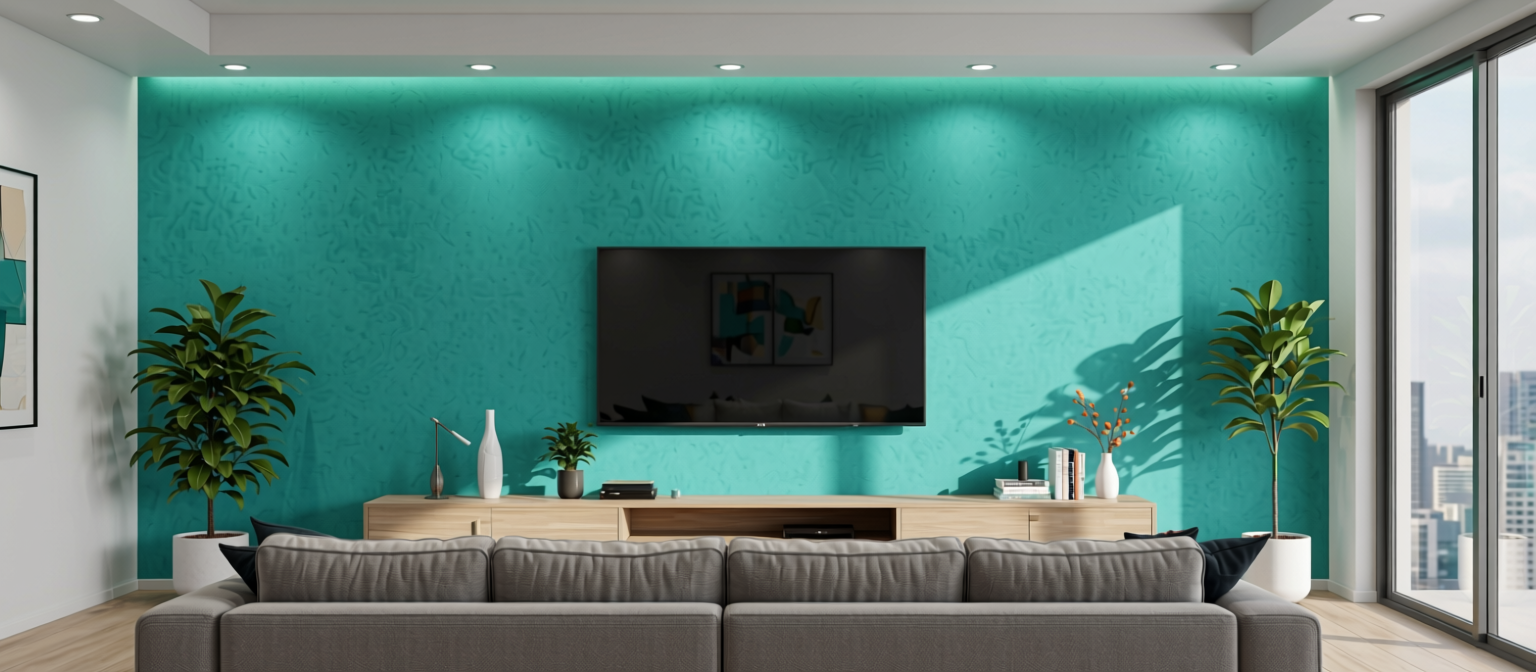 Bright Teal Plain Laminate 8x4 ft Suede 1 mm - 7017 SF — application view in a modern living room