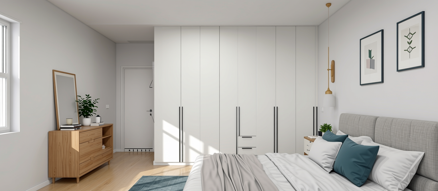 Chalk White Plain Laminate 8x4 ft Suede 1 mm - 7020 SF — application view in a minimalist bedroom