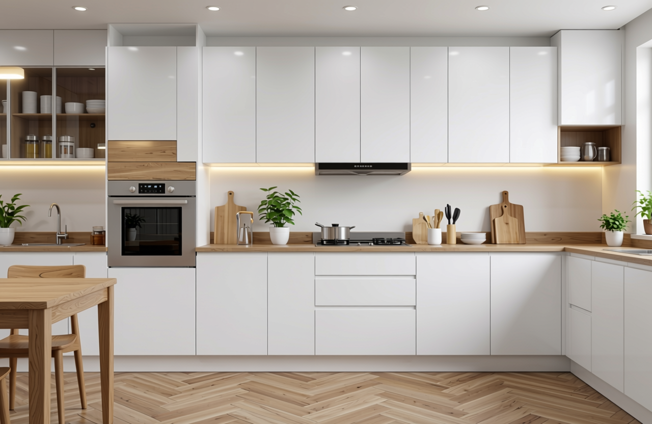 Chalk White Plain Laminate 8x4 ft Texture 1 mm - 7020 MR — application view in a bright kitchen