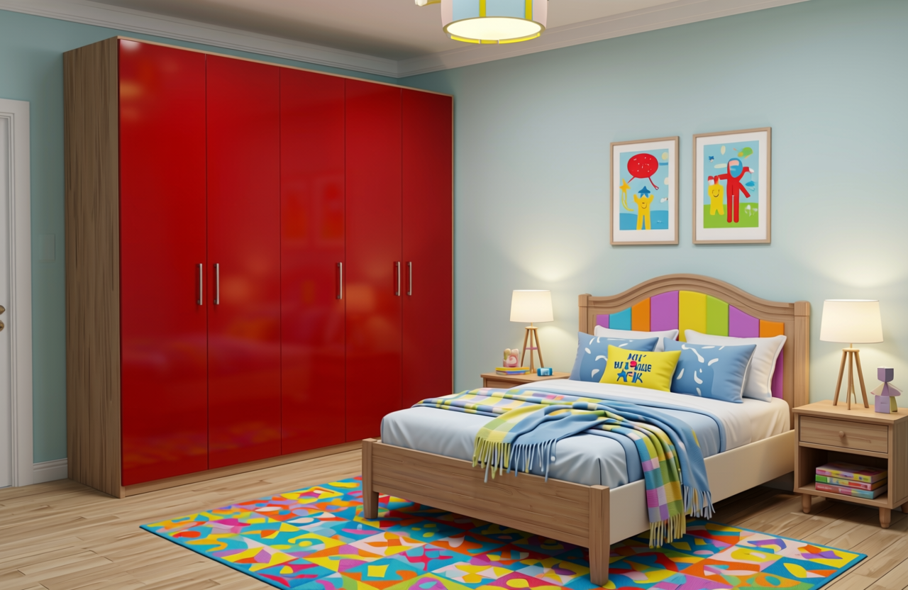 Cherry Red Plain Laminate 8x4 ft Texture 1 mm - 7026 U — application view in a kids' bedroom
