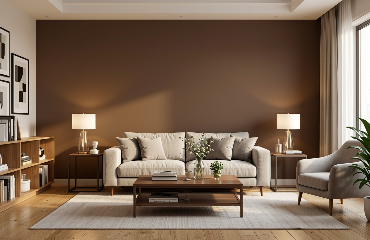 Coffee Brown Plain Laminate 8x4 ft Texture 1 mm - 7005 MR — application view in a living room