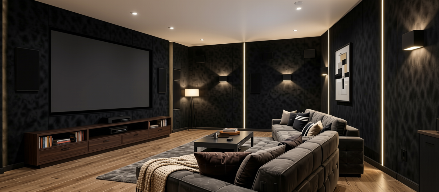 Deep Black Plain Laminate 8x4 ft Suede 1 mm - 7009 SF — application view in a home theater