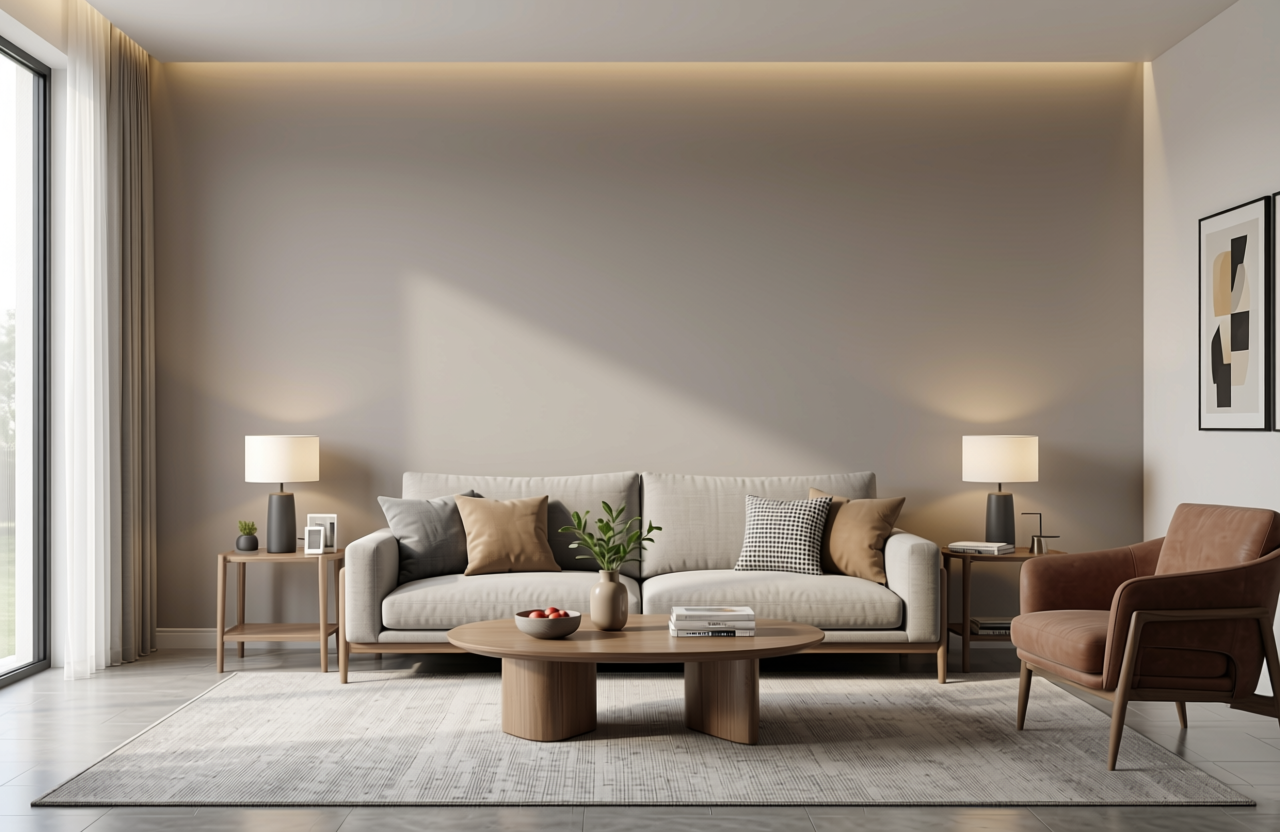 Fairview Taupe Plain Laminate 8x4 ft Texture 1 mm - 7041 MR — application view in a neutral living room