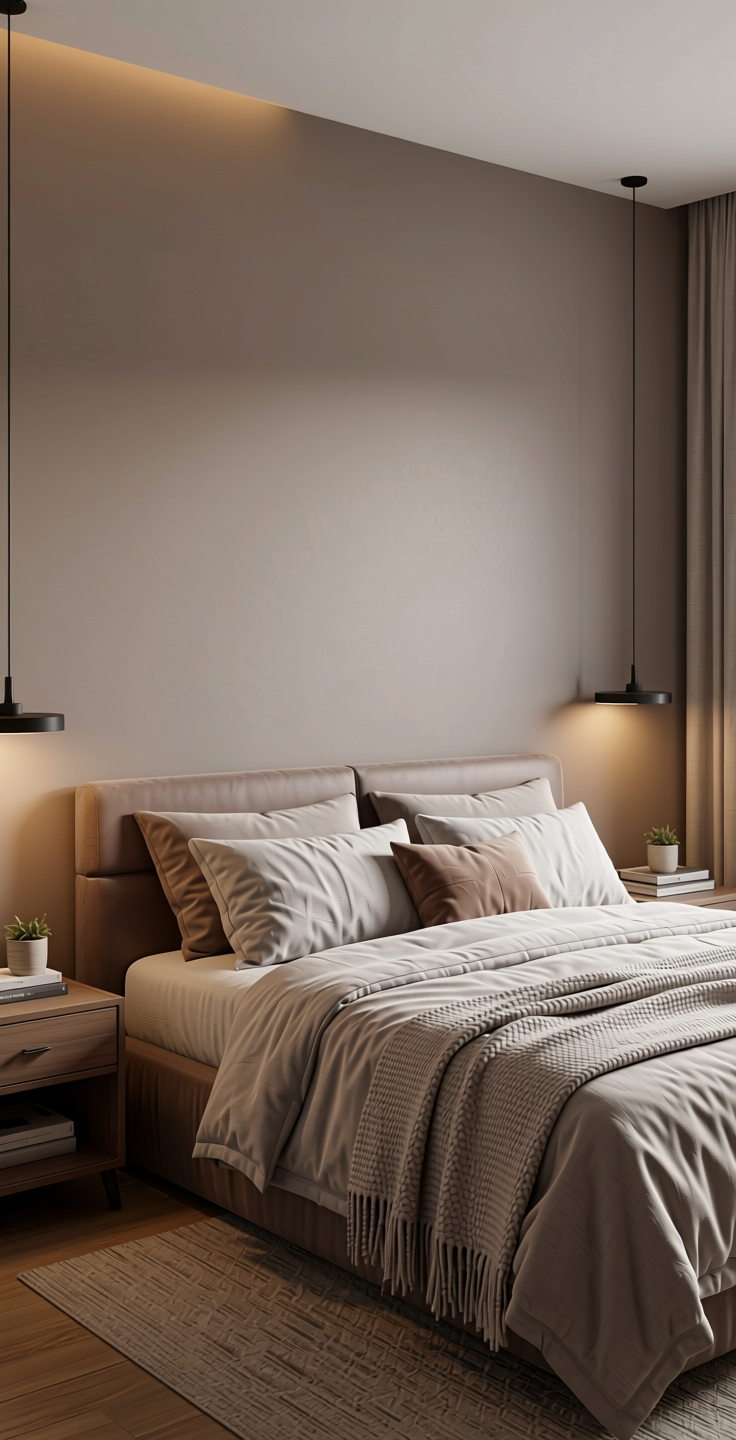 Fairview Taupe Plain Laminate 8x4 ft Texture 1 mm - 7041 SS — application view in a bedroom