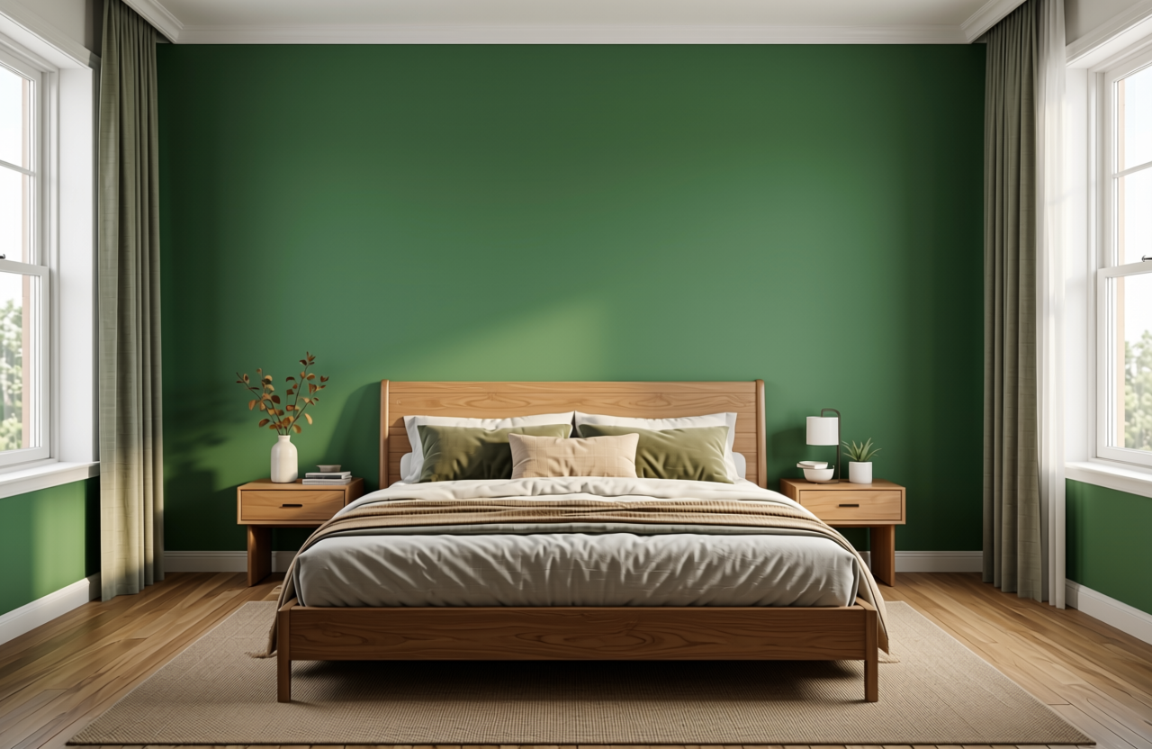 Forest Green Plain Laminate 8x4 ft Texture 1 mm - 7030 U — application view in a nature-inspired bedroom