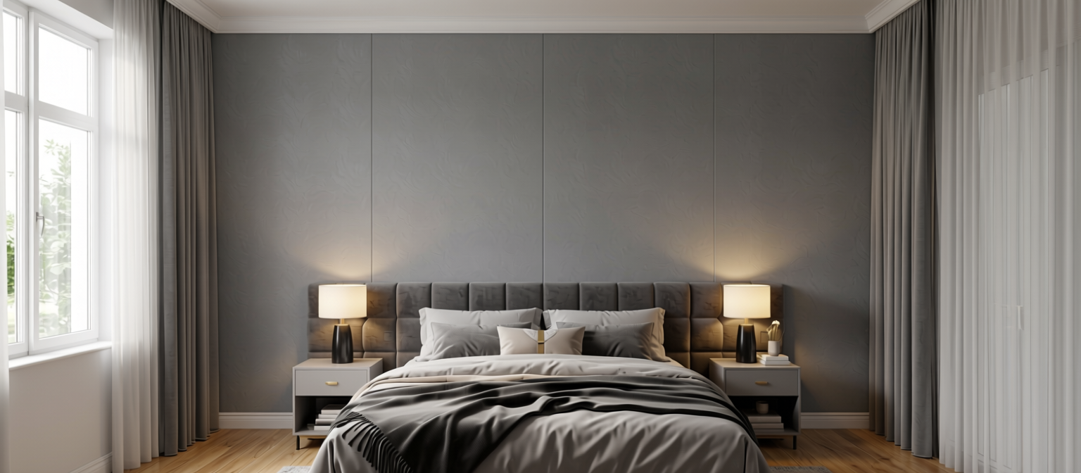 French Grey Plain Laminate 8x4 ft Suede 1 mm - 7014 SF — application view in a elegant bedroom