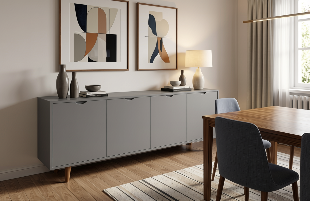 French Grey Plain Laminate 8x4 ft Texture 1 mm - 7014 MR — application view in a dining room