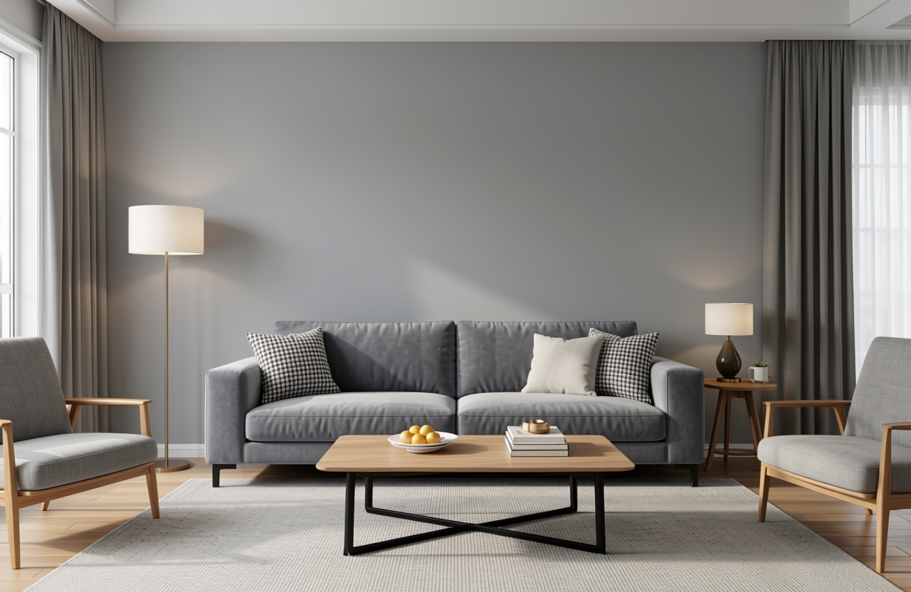 French Grey Plain Laminate 8x4 ft Texture 1 mm - 7014 U — application view in a neutral living room