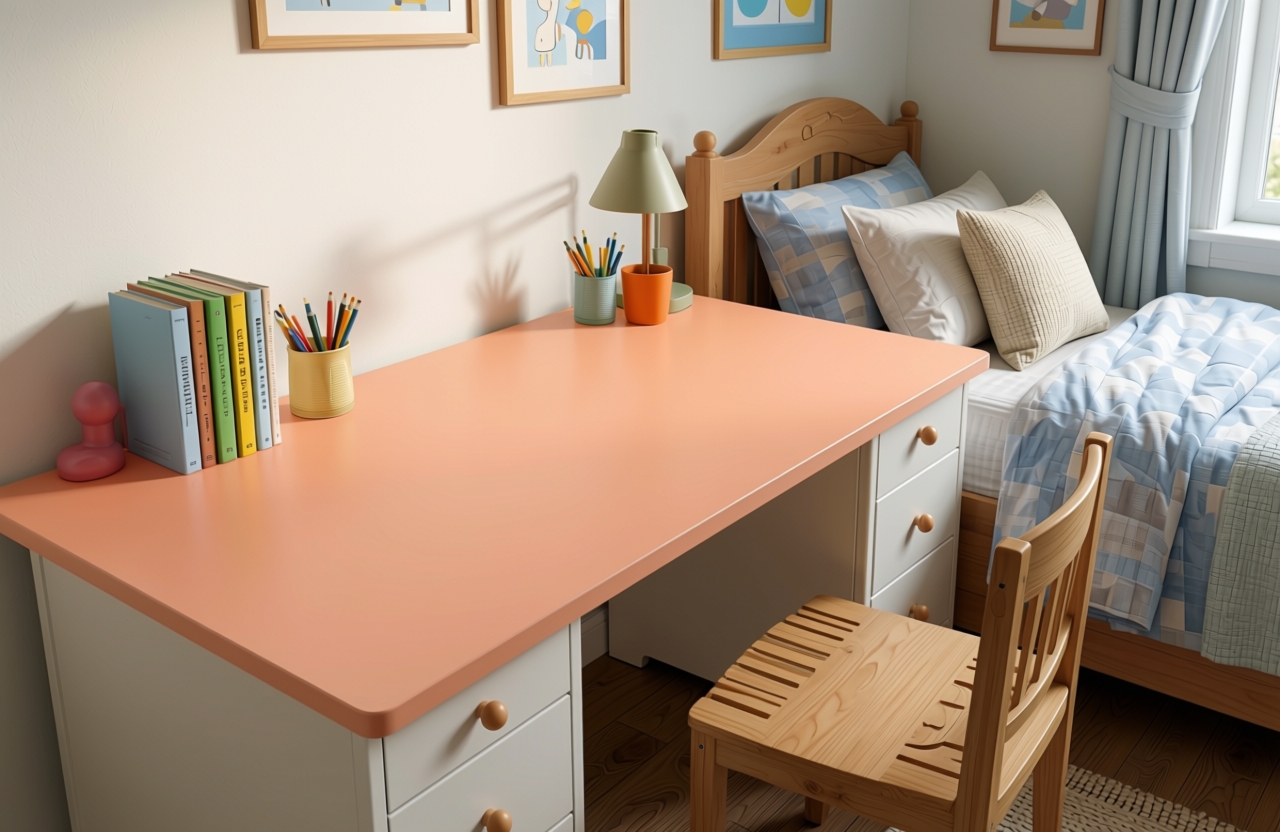 Fresh Peach Plain Laminate 8x4 ft Texture 1 mm - 7045 U — application view in a playful kids' room