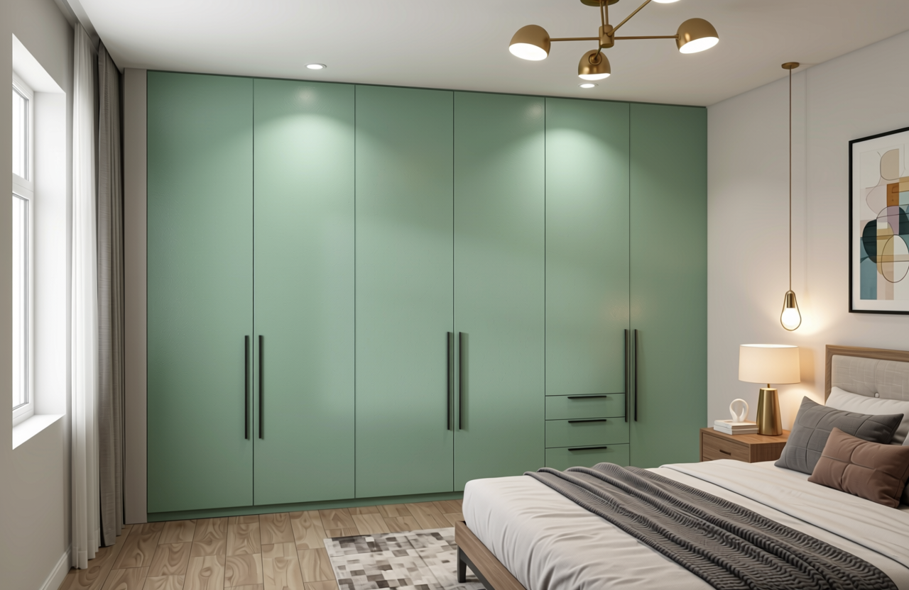 Mint Grey Plain Laminate 8x4 ft Texture 1 mm - 7027 MR — application view in a contemporary bedroom