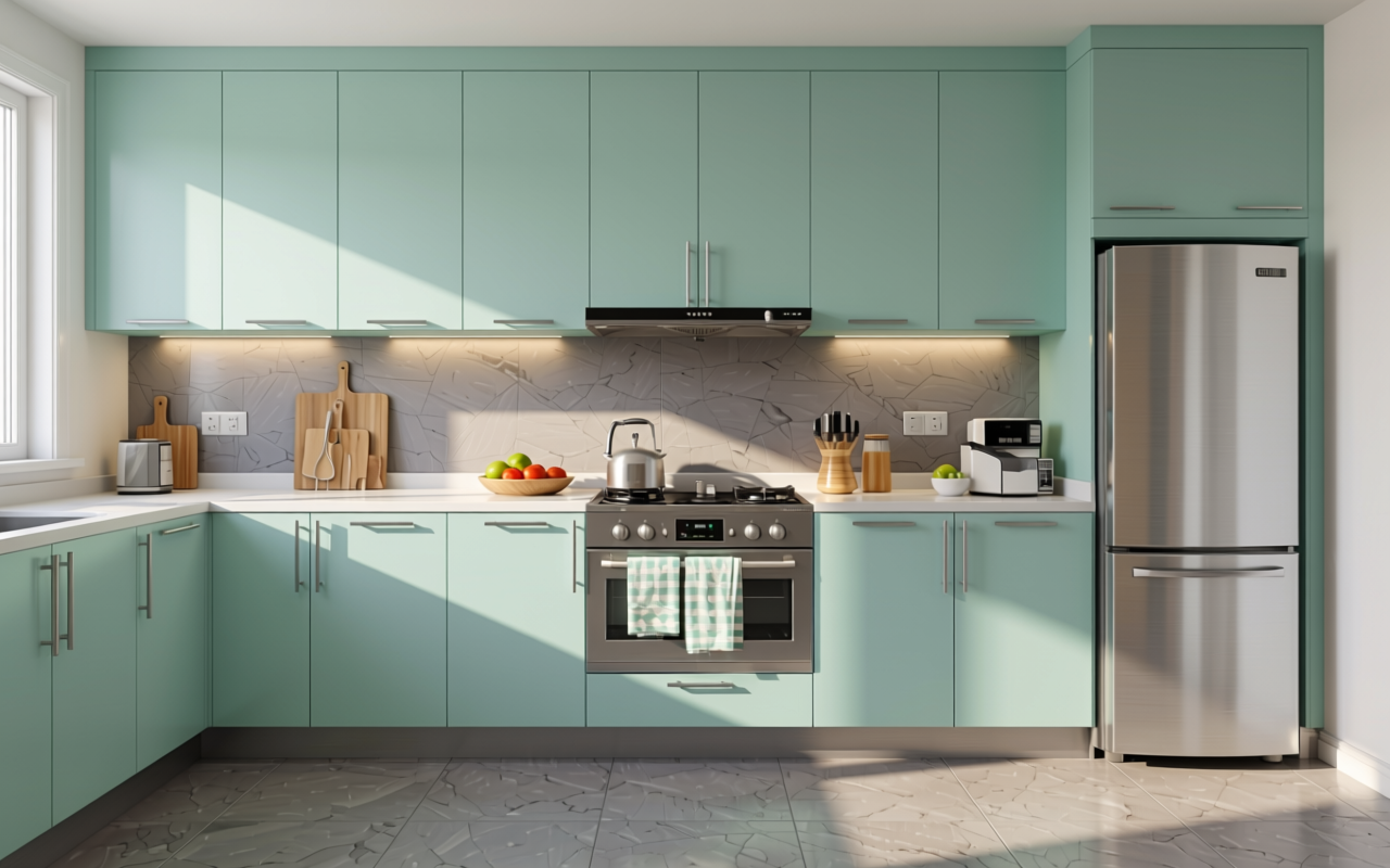 Mint Grey Plain Laminate 8x4 ft Texture 1 mm - 7027 U — application view in a kitchen