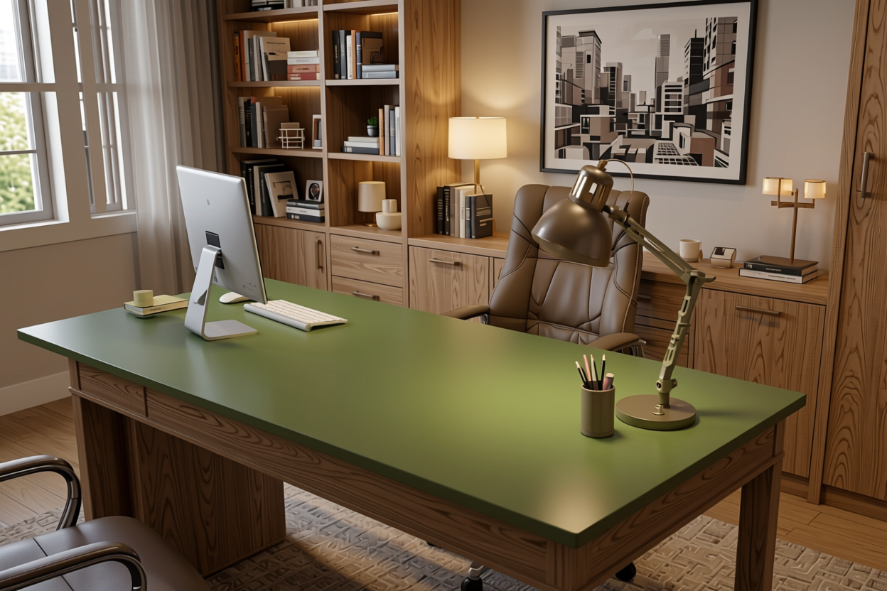 Olive Green Plain Laminate 8x4 ft Texture 1 mm - 7043 MR — application view in a home office