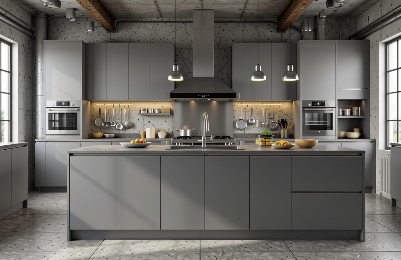 Pewter Grey Plain Laminate 8x4 ft Texture 1 mm - 7039 MR — application view in a industrial kitchen