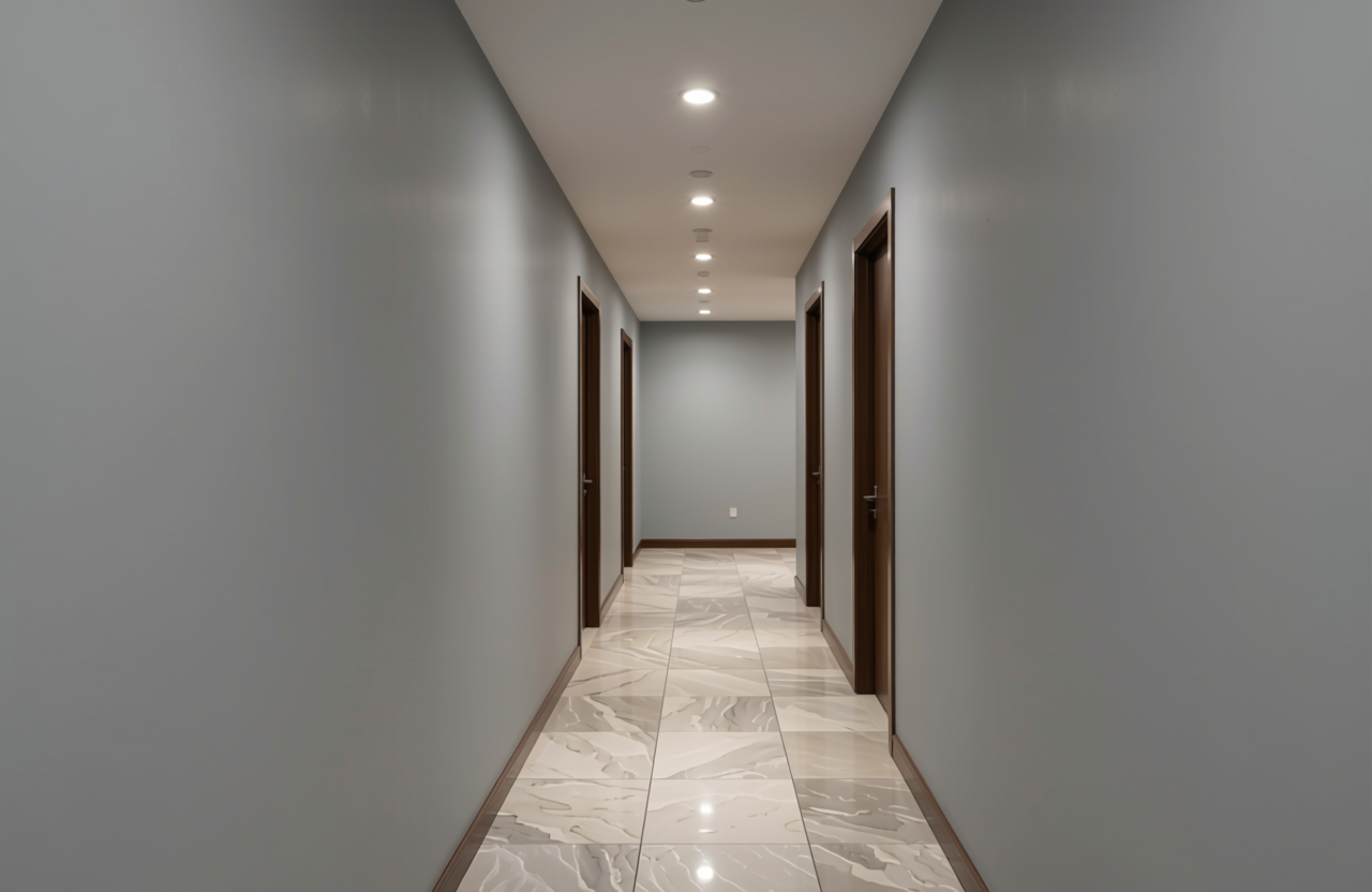 Pewter Grey Plain Laminate 8x4 ft Texture 1 mm - 7039 U — application view in a entrance hallway