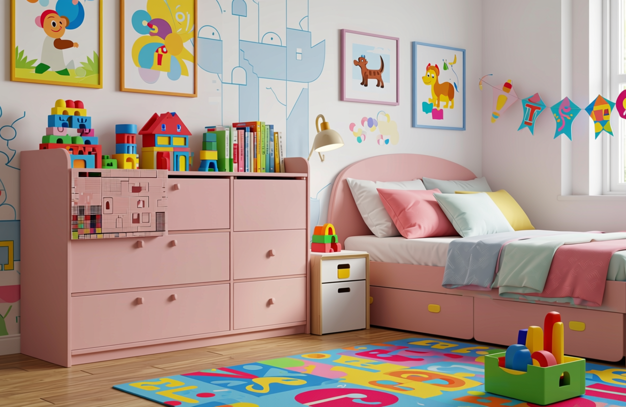 Rock Salt Pink Plain Laminate 8x4 ft Texture 1 mm - 7047 MR — application view in a playful kids room