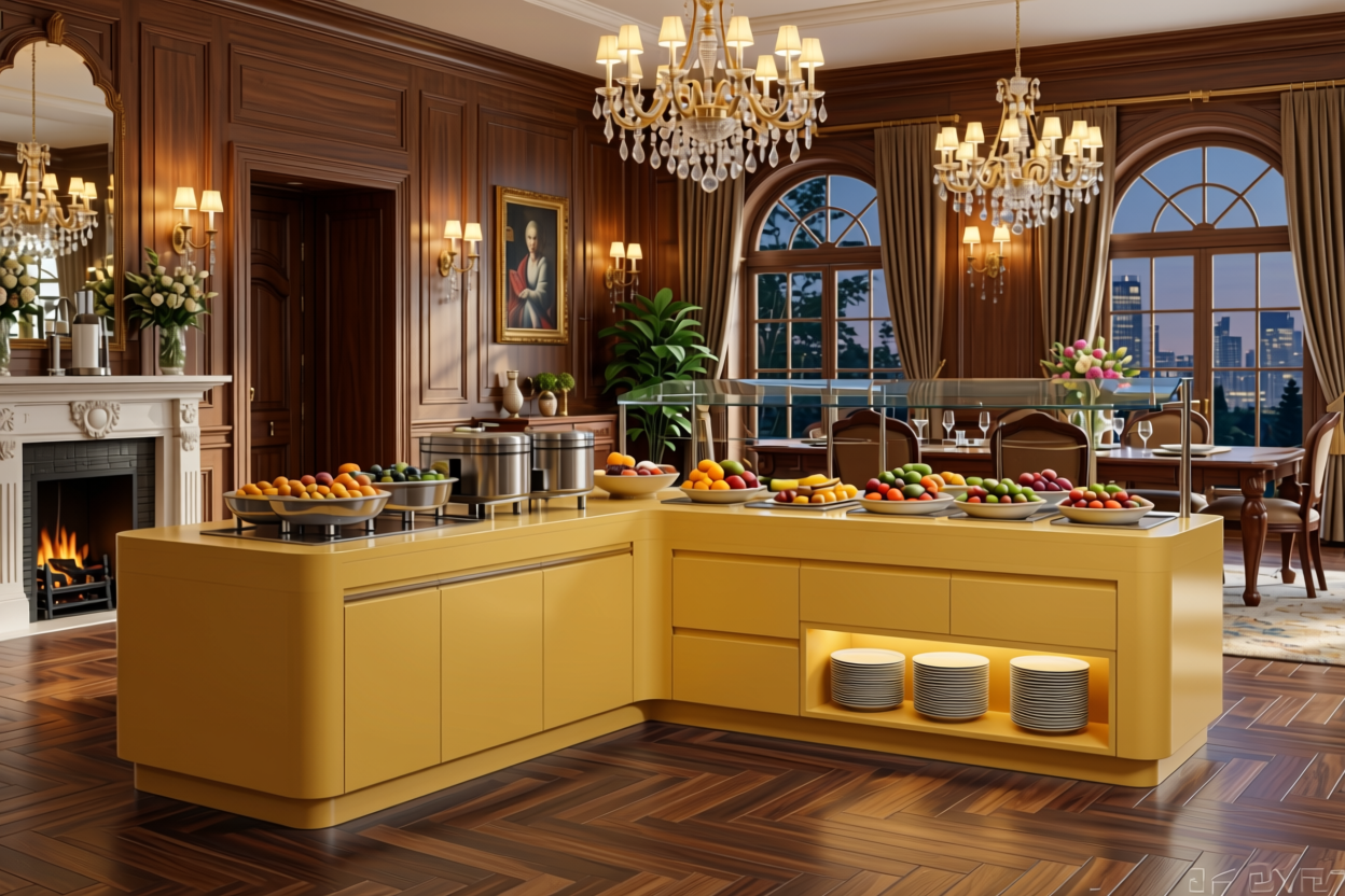 Sacred Aurum Plain Laminate 8x4 ft Texture 1 mm - 7029 MR — application view in a opulent dining room
