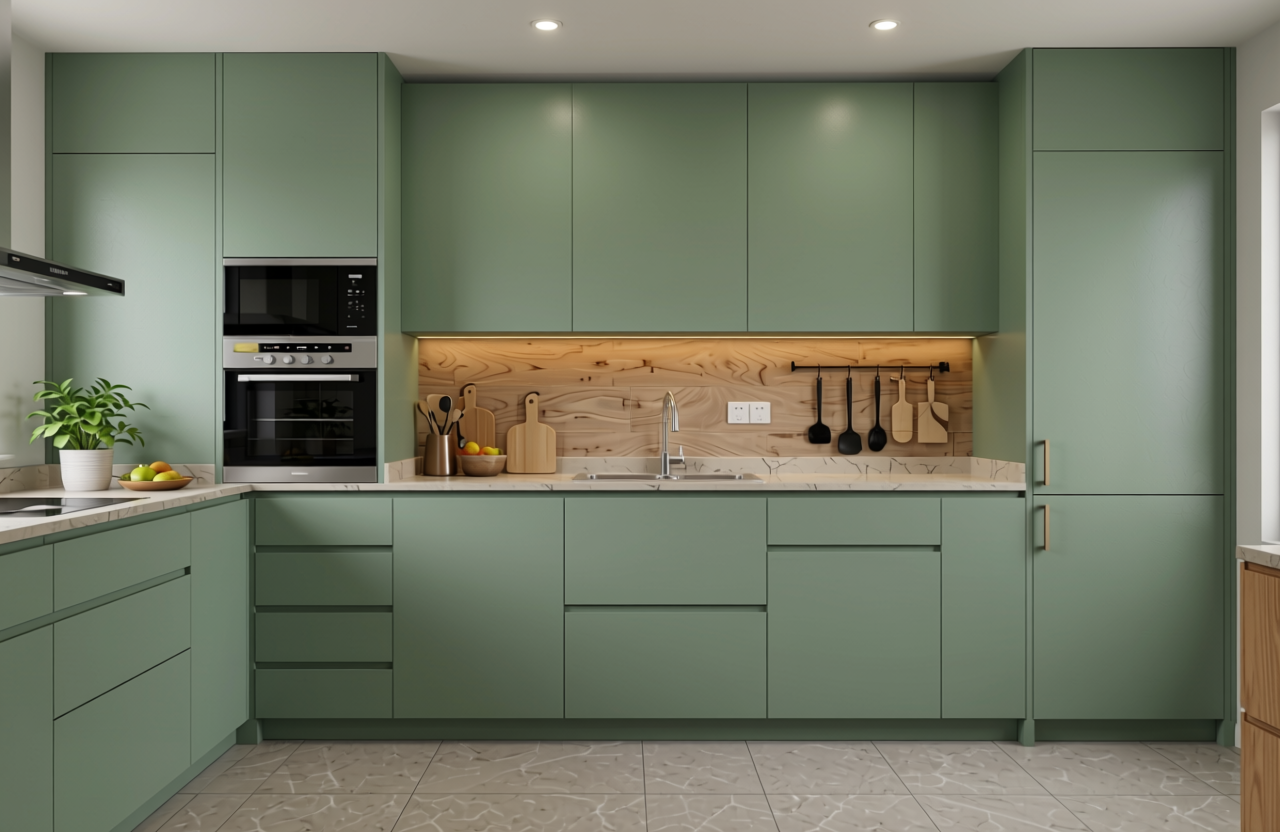 Sage Green Plain Laminate 8x4 ft Texture 1 mm - 7046 U — application view in a contemporary kitchen