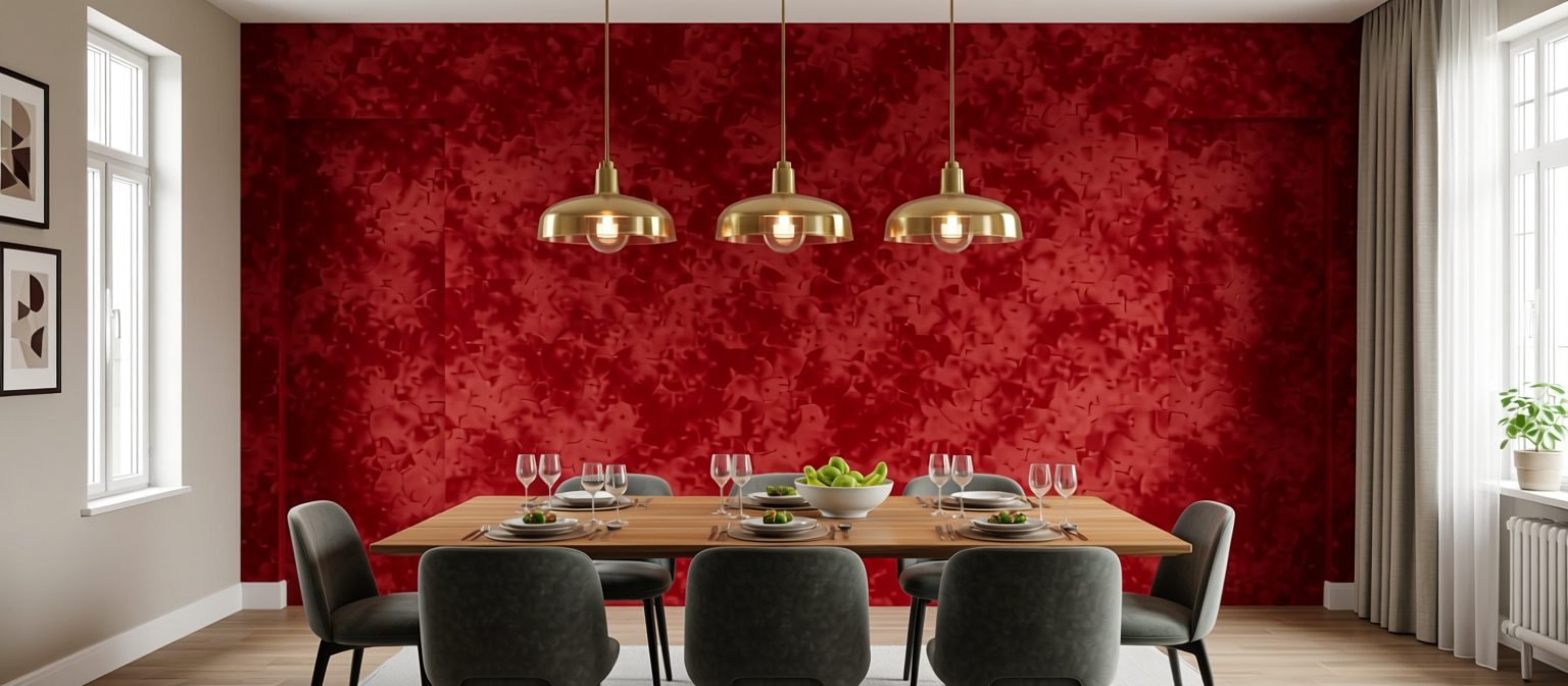 Scarlet Red Plain Laminate 8x4 ft Suede 1 mm - 7018 SF — application view in a accent wall in dining room