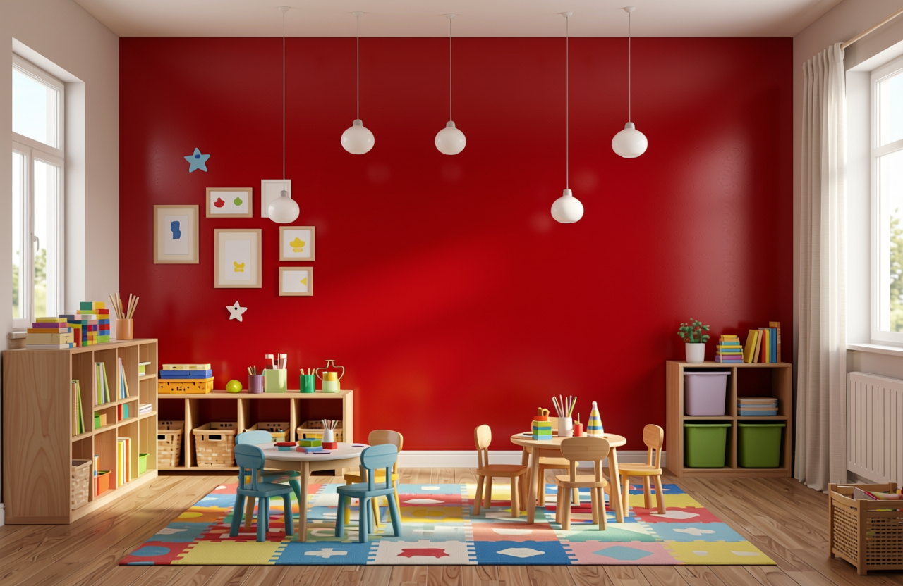 Scarlet Red Plain Laminate 8x4 ft Texture 1 mm - 7018 MR — application view in a playroom